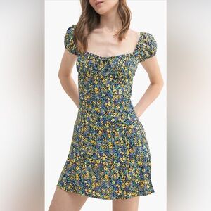 Lush Purple and Yellow Floral Pattern Puff Sleeve‎ Mini Dress